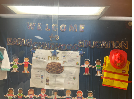 The display case outside of the Childrens Center explains the pies that student-teachers learn about early childhood education and development. (photo by Luz Gaytan)